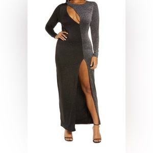 Naked Wardrobe Metallic High Slit Cutout Maxi Dress